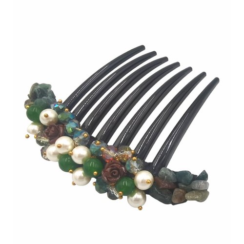 Side Comb Hair Accessories French twist hair comb Ornamented along the top of the heading with Pearl & Stone (Green)