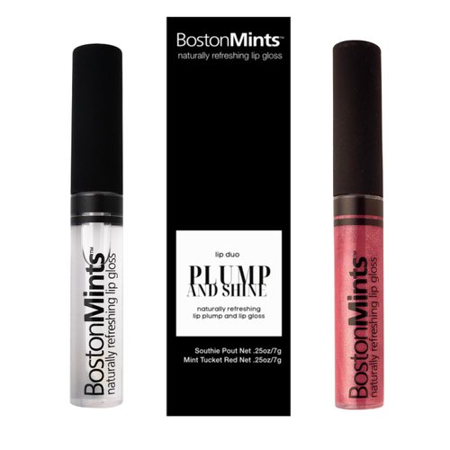 Boston Mints Plump & Shine Lip Duo Set - Mint Tucket Red Lip Gloss (.25oz) and Lip Plumper Southie Pout (.25oz) - Naturally Refreshing Vegan Lip Gloss