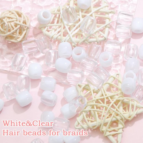 VENOFEN 50PCS Hair Beads Clear Jumbo Beads for Hair White Pony Beads for Kids Girls Dreadlock Accessories Cute Hair Jewelry Making Kit Hair Decoration for Women, 2024055