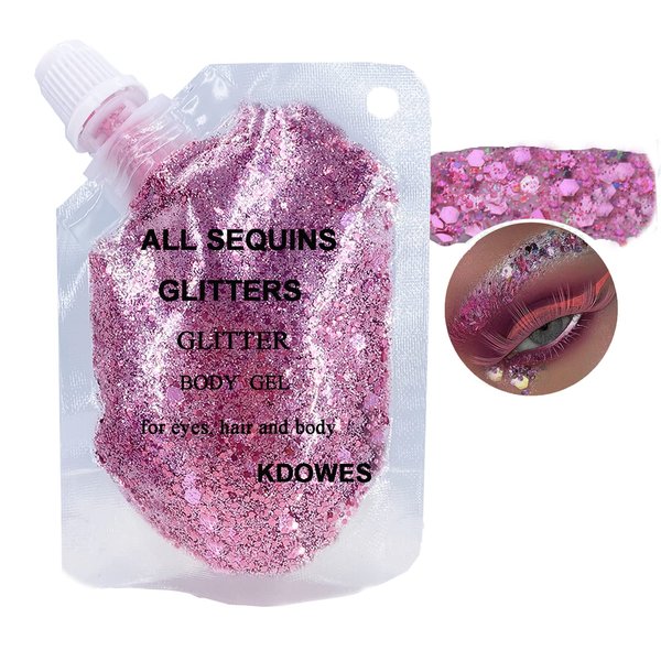 Body Glitter Gel 16 Color Sequins Glitter Gel Easy to Apply&Clean, Festival Glitter Christmas Makeup for Women Long Lasting Sparkling Suitable for Body, Face, Hair, Eyes Pink(Chunky Glitter)