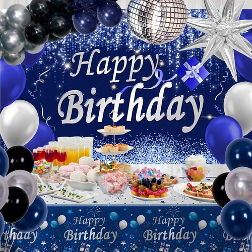 Blue Birthday Decorations for Men Women, Happy Birthday Decorations for Men Women Boys Disco Party Decoration Backdrop & Tablecloth Silver Disco Arch Kit Star Balloon Party Supplies Table Cover