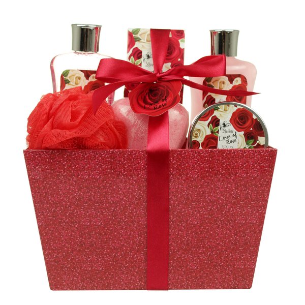 Bath and Body - Spa Gift Baskets for Women & Girls, Spa Kit Birthday Gift includes Love of Rose Scent Shower Gel, Bubble Bath, Body Lotion, Bath Salt,Red Bath Puff and Heart Bath Bomb