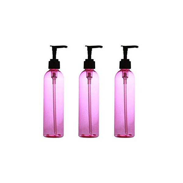 Grand Parfums 8 Oz Pink Plastic PET Refillable Cosmo Bottle with Black Lotion Pump Dispenser (3-Pack); For Lotions, Shampoo, Conditions, Cleaning Products, Aromatherapy