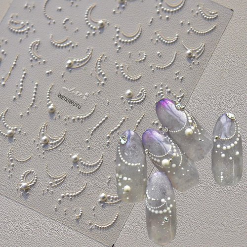 White French Tips Pearls Nail Art Stickers 5D Embossed Romantic Nail Stickers French Tips Line Nail Decals for Nail Art Design Nail Accessories for Women Girls Valentine's Day Nail Art Decoration