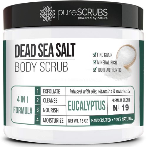 pureSCRUBS Premium Organic Body Scrub Set 16oz EUCALYPTUS BODY SCRUB Dead Sea Salt Infused with Organic Essential Oils & Nutrients INCLUDES Wooden Spoon, Loofah & Organic Exfoliating Bar Soap