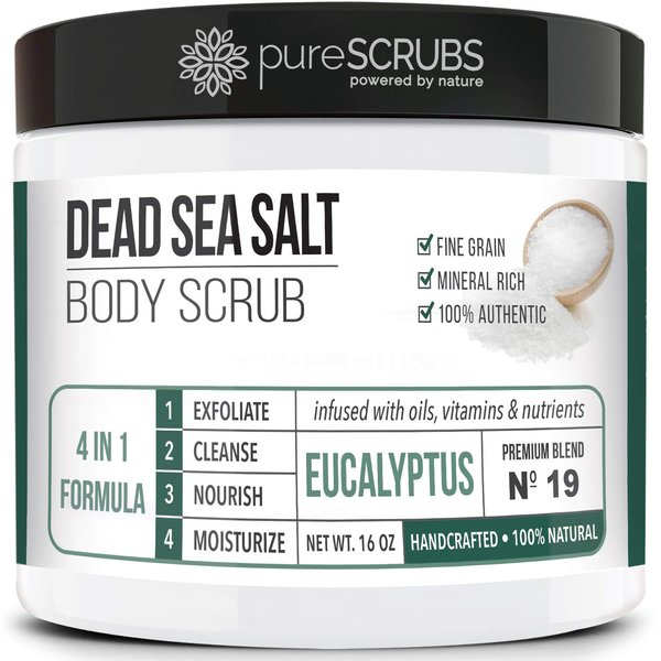 pureSCRUBS Premium Organic Body Scrub Set 16oz EUCALYPTUS BODY SCRUB Dead Sea Salt Infused with Organic Essential Oils & Nutrients INCLUDES Wooden Spoon, Loofah & Organic Exfoliating Bar Soap