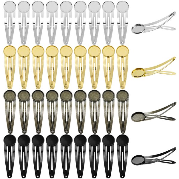 Lawie 40 Pack 5cm 2 Inch Small Silver Gold Bronze Black Flat Round Tray Glue Pad Snap Hair Clips for Crafting Blank Hair Barrettes Base Hair Pins Arts and Crafts DIY Hair Jewelry Making Accessories