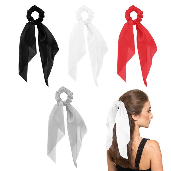 Dimeho Hair Scarf Scrunchies, 4 Pcs Ribbon Bow Hair Ties for Women Cute Satin Hair Scrunchies with Ribbon Tails Elastic Hair Bands Ponytail Holder Hair Accessories (Black/White/Red/Grey)