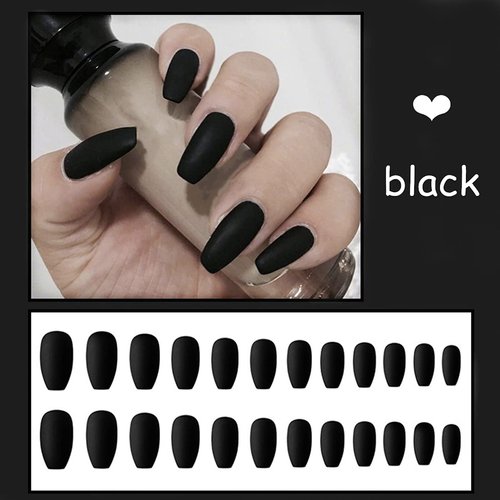 Umillars 24pcs Pure Color Coffin Nails Matte False Gel Nails Art Tips Sets Full Cover Medium False Nails for Ballerina Cosplay Office Lady (Black)