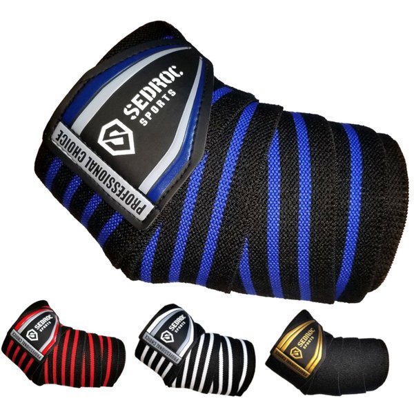Sedroc Sports Professional Weight Lifting Elbow Wraps Powerlifting Support Sleeves - Pair (Black/Blue)