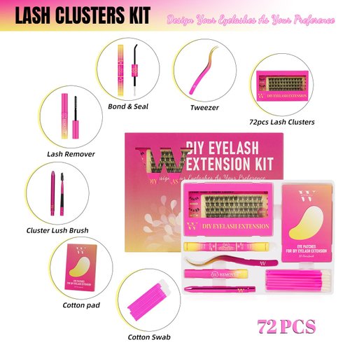 DIY Lash Extension Kit Cluster Lashes Kit with 72 Pcs D Curl Cluster Lashes Wispy Eyelash Bond and Seal Lashes Remover and Eyelash Applicator for Beginner DIY at Home by W(Babe Kit-D-10-16MM 05)