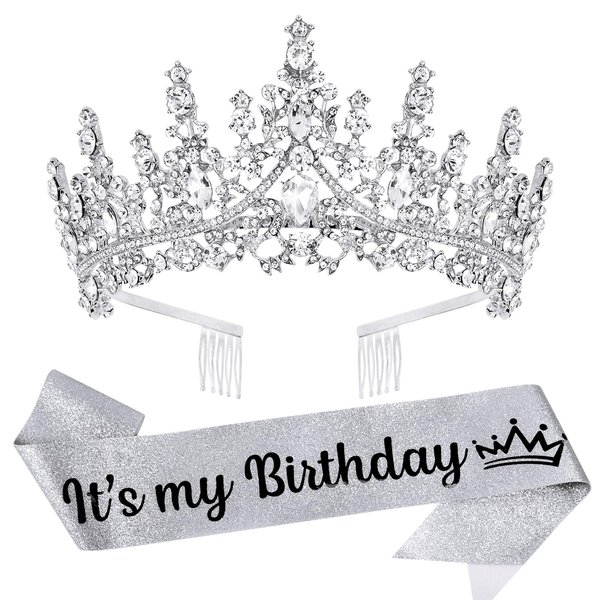 VELSCRUN Silver Crystal Birthday Tiara Crowns for Women Girls It's My Birthday Sash Queen Girls Princess Crown with Combs Happy Birthday Party Decorations Mom Sisters Birthday Gift Hair Accessories