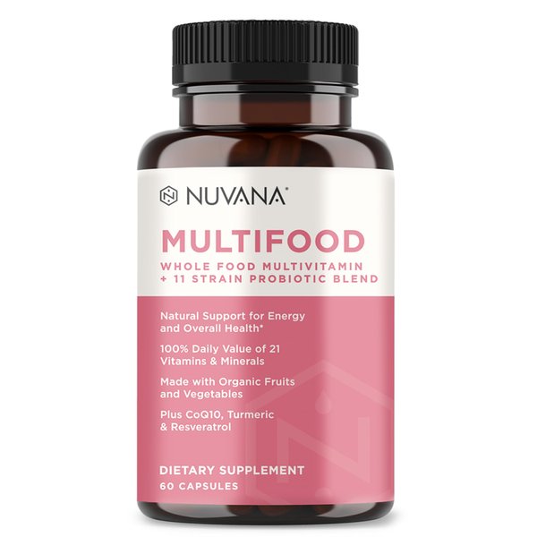 Nuvana Multifood Whole Food Multivitamin for Women | 21 Organic Fruits & Vegtables | Tumeric Boosts Energy, Supports Gut & Immune Health | Prebiotics & Probiotics | 60 Capsules