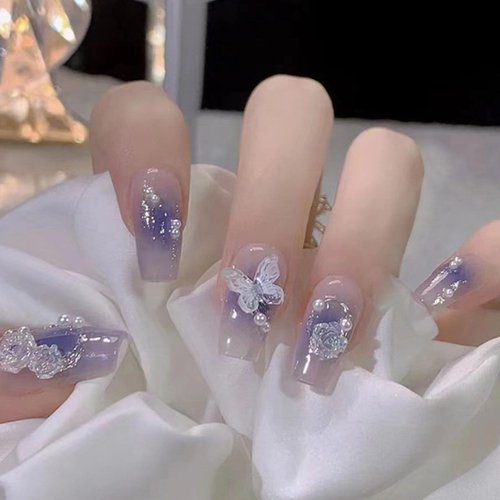 Hkanlre Press on Nails Purple Medium Fake Nails Tips Full Cover Gradient False Coffin Butterfly Nails for Women and Girls 24PCS