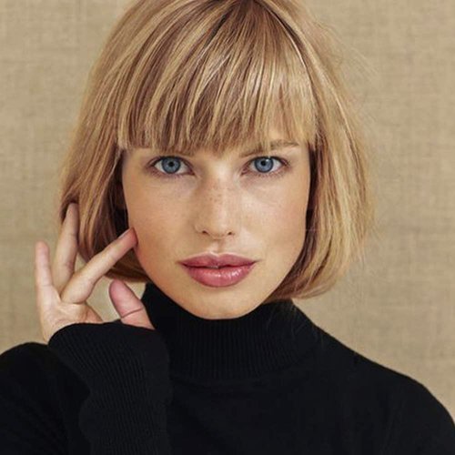 QUEENTAS Short Blonde Bob Wig with Air Bangs Chin Length Short Bob Wig Heat Resistant Synthetic for Women with Wig Cap (Hazelnut color#73) (A-Strawberry Blonde)