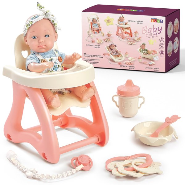 deAO Baby Doll Set,Baby Doll Accessories with High Chair,Bottle,Bowl,Spoon,Great Pretend Play Baby Dolls Toys Gift for 3 4 5 Girls