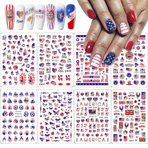 4th of July Nail Art Stickers, 8Sheets American Flag Patriotic Nail Decals Independence Day 3D Nail Stickers Nail Supply USA Flags Heart Star Design Manicure Sliders for Memorial Day Nail Decorations