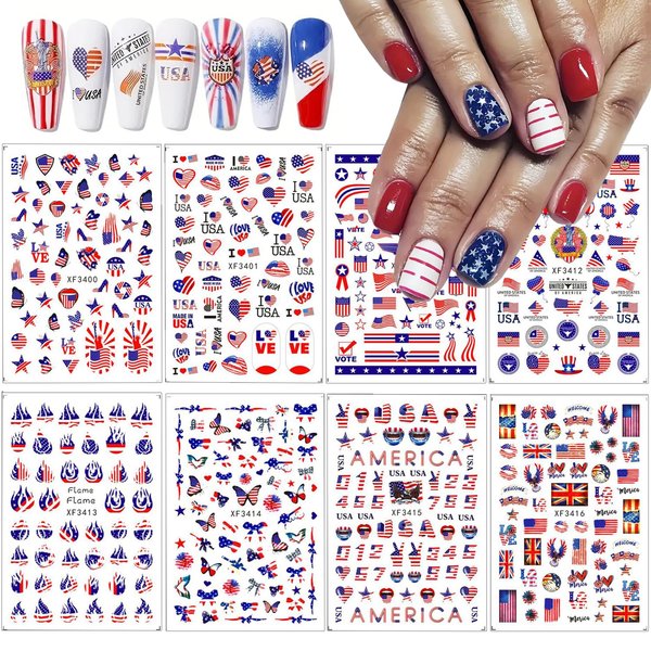 4th of July Nail Art Stickers, 8Sheets American Flag Patriotic Nail Decals Independence Day 3D Nail Stickers Nail Supply USA Flags Heart Star Design Manicure Sliders for Memorial Day Nail Decorations