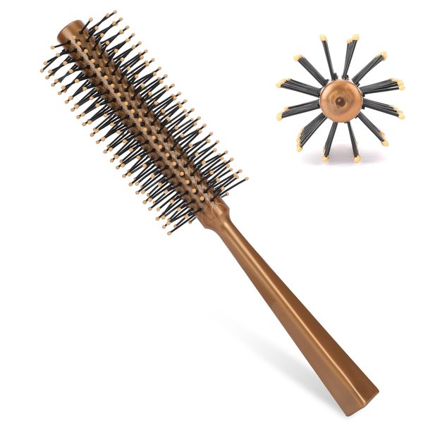 Small Round Brush, Round Hair Brush for Blow Drying with Nylon Bristles Portable Gold Roll Brush, 1 Inch Mini Quiff Roller for Women Short Long Hair Thin Hair Curling Bangs Men Beard Styling