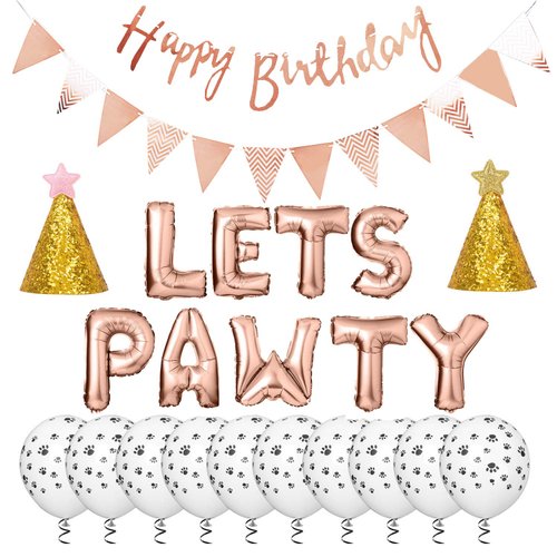 Legendog Dog Birthday Party Supplies Dog Paw Print Balloons Cat Birthday Hat Happy Birthday Banner Foil Balloons Lets Pawty Letters Balloons Decorations (Rose Red)