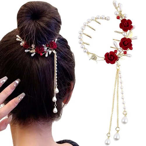 Myhiju Pearl Rose Hair Clips, Tassel Pill Hair Clip Fashionable Elegant Metal Claw Clips Ponytail Buckle Vintage Hair Pearls Red Rose Flower Clips Hair Accessories for Women Girls Hair Clips