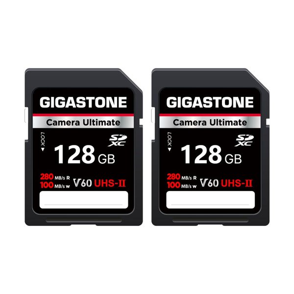 GIGASTONE 128GB 2-Pack SD Card UHS-II V60 U3 SDXC Memory Card High Speed Read up to 280MB/s 4K Ultra HD UHD Video for DSLR Canon Nikon Sony Pentax Olympus Panasonic Digital Camera, with 2 Mini Cases