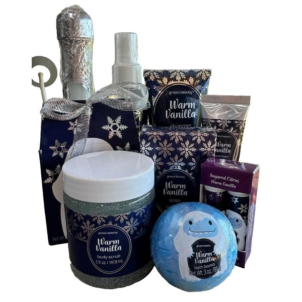 Groovy 9 Piece Bath & Body Self Care Pack in Warm Vanilla Includes Bubble Bath, Shimmer Body Mist, Shimmer Body Lotion, Bath Confetti, Body Scrub, Lip Balm Duo, Bath Bomb, Hand Cream, Soap