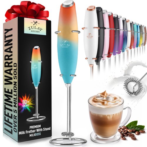 Zulay Kitchen Powerful Milk Frother Wand - Ultra Fast Handheld Drink Mixer - Electric Whisk Foam Maker for Coffee, Lattes, Cappuccino, Frappe, Matcha & Coffee Creamer - Milk Boss Sunrise