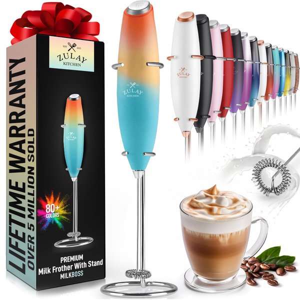 Zulay Kitchen Powerful Milk Frother Wand - Ultra Fast Handheld Drink Mixer - Electric Whisk Foam Maker for Coffee, Lattes, Cappuccino, Frappe, Matcha & Coffee Creamer - Milk Boss Sunrise