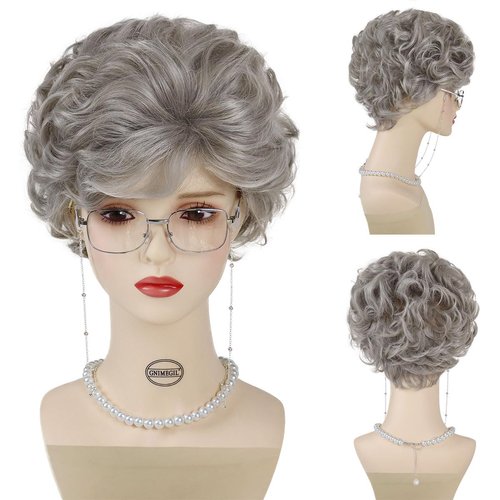 GNIMEGIL Short Pixie Cut Wigs for Senior Women Silver Grey Layered Hair Wig with Bangs Synthetic Wavy Curly Wigs for Old Ladies Daily Party Granny Costume Set of 4(Wig+Glasses+Necklace+Chain)