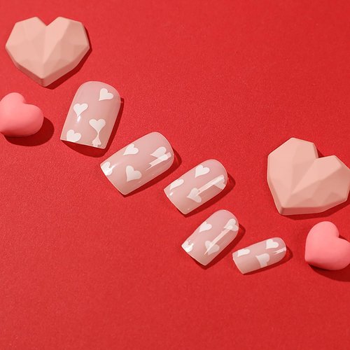 Valentines Pink Press on Nails Medium Square Fake Nails White Heart Glue on Nails Valentine's Day Fake Nails Full Cover Coffin Acrylic Nails French Stick on Nails for Women Manicure Supplies 24Pcs