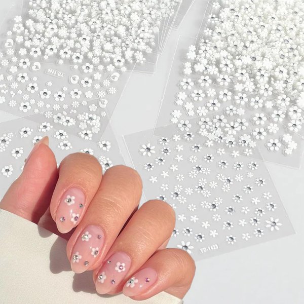 30 Sheets White Flower Nail Stickers 3D Self-Adhesive Floral Nail Decals Small Daisy Nail Art Supplies White Flowers Nail Design Sticker for Women Wedding Acrylic Nails Decoration Accessories Charms