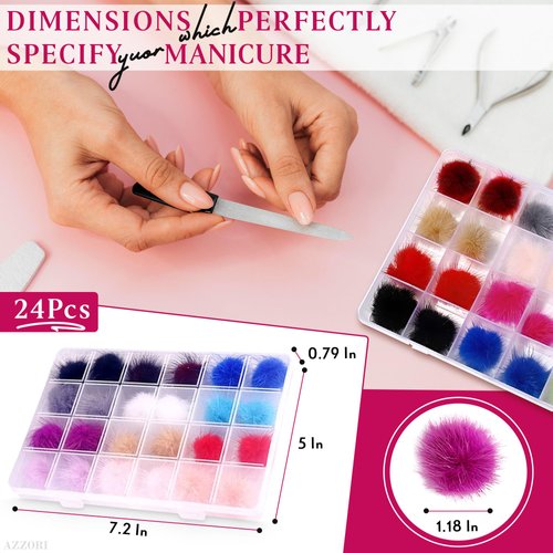 24Pcs 3D Nail Art Fluffy Craft Pom Poms Balls - Kawaii Nail Charms Nail Design Pom Pom Fur Balls Nail Accessories Women's Day Nail Charms - Nail Supply Nail Art Kit Puff Balls for Crafts