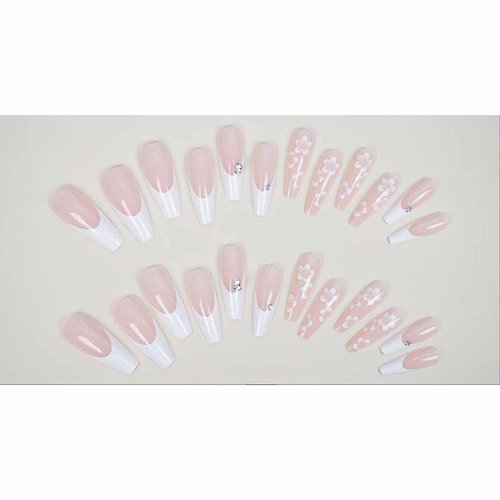 Foccna Coffin White Press on Nails Flower Fake Nails Long Acrylic Fake Nails Rhinestone French Nails Beautiful Nails for Women Girls -24Pcs