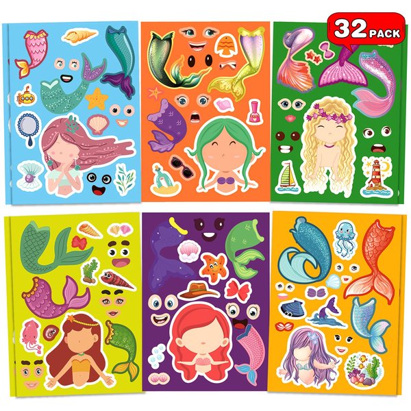 32 Sheets Mermaid Make a Face Stickers, Mermaid Party Games Stickers for Kids, Make Your Own Mermaid Stickers for Kids Birthday Party Favors Classroom Rewards, Mermaid Themed Art Craft Supplies