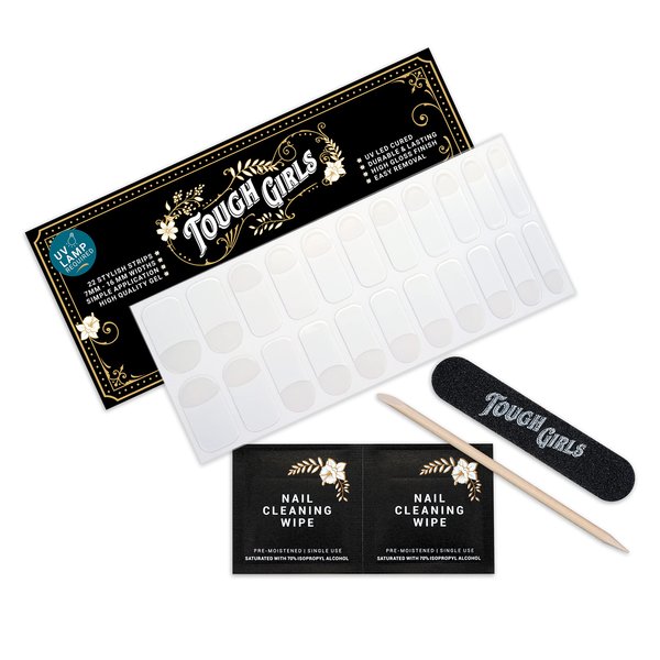 TOUGH GIRLS | 22 Semi-Cured Gel Nail Polish Strips | Brighter, Thicker, Tougher | UV LED Lamp Use Required | Includes Cuticle Stick, Nail File, Nail Wipes (French Tip for Long Nails)