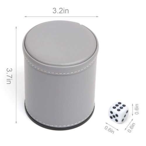 Dice Felt Lined PU Leather Dice Cup with 6 Dice, Felt Lined Interior Quiet Shaker for Yahtzee Game (Gray)