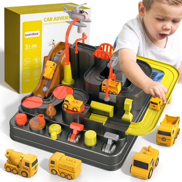 Lucky Doug Race Car Tracks for Boys, Construction Car Rescue Adventure Toys for 3 4 5 6 Years Old Toddlers Boys Girls, Car Playset Education Toys for Kids Age 3+