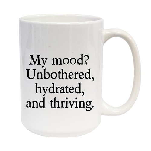 Knick Knack Gifts My Mood? Unbothered, hydrated, and Thriving. - 15oz Ceramic White Coffee Mug Cup, White