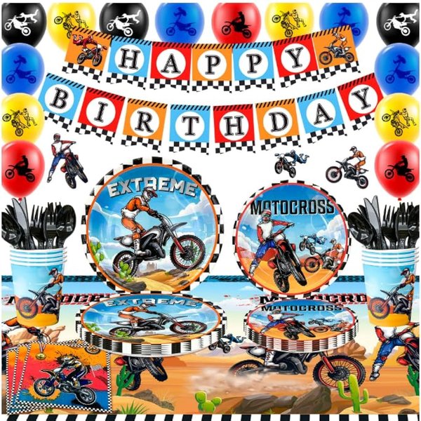 Motorcycle Birthday Supplies, 98pcs Motorcycle Birthday Decorations Motorcycle Theme Party Tableware Set Dirt Bike Party Plates and Napkins Cups Banner Balloon etc Motocross Party Supplies for Boys