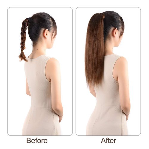 Remy Ponytail Extensions Hair Clip in 16 inches 65g Medium Brown Color Straight Drawstring Warp Around Human Ponytail Hair Piece for Women (16"-65g, Medium Brown #4)