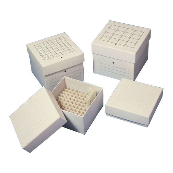 Globe Scientific 3094-1 Cardboard Storage Box for up to 2" Tall x 15mm Wide Tubes, 64 Place, 8x8 Format, 134mm Length, 134mm Width, 76mm Height, White