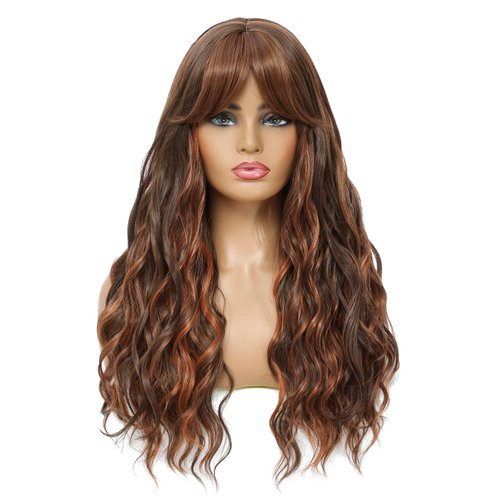 SWACC Long Curly Wavy Wig with Bangs Synthetic Hair Wig for Women with Wig Cap (Brown Auburn Highlight)
