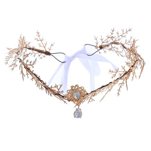 Vivivalue Gold Elf Flower Crown Floral Headband Woodland Elven Headpiece with Rhinestone Accessory for Women Girls Wedding Prom Renaissance Halloween Cosplay Photoshoot