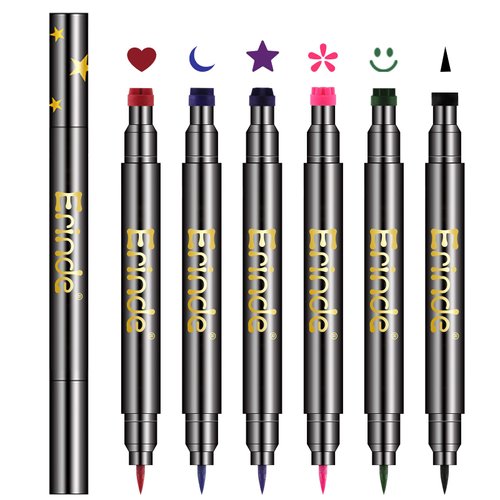 Erinde 6 Colored Double-headed Liquid Eyeliner Stamp Pen Set, Blue Red Pink Purple Green Black Colorful Eye Liners for Women, Waterproof Long-Lasting Star Moon Heart Cute Eye Face Makeup