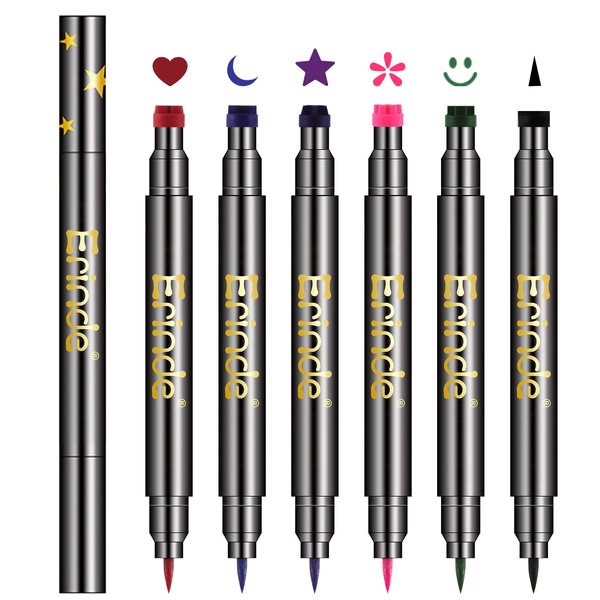 Erinde 6 Colored Double-headed Liquid Eyeliner Stamp Pen Set, Blue Red Pink Purple Green Black Colorful Eye Liners for Women, Waterproof Long-Lasting Star Moon Heart Cute Eye Face Makeup