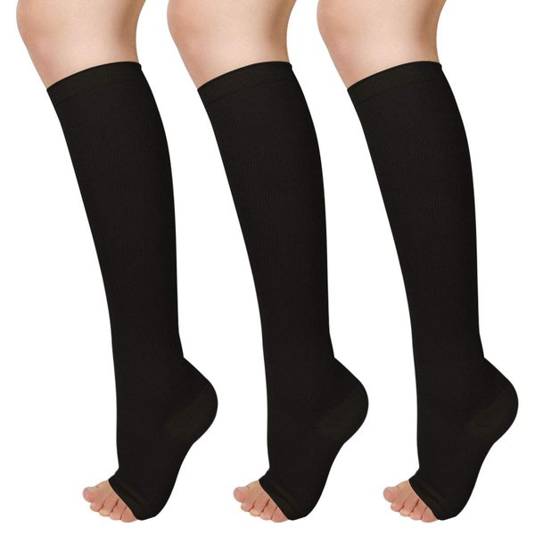 Blahhey 3 Pairs Open Toe Compression Socks Women Knee High Toeless 15-25 mmHg (S/M)
