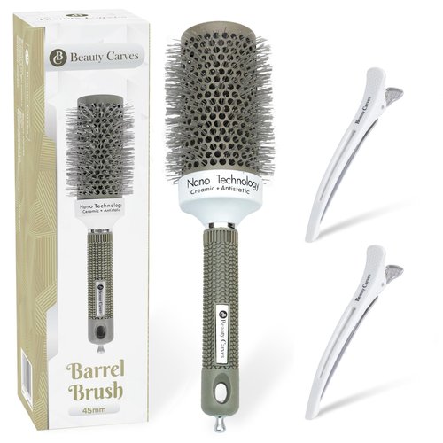 Beauty Carves Round Brush, 45 mm Barrel with 2 Clips – Round Hair Brush with Flexible Nylon 66 Bristles Nano Ionic Heat Resistant Tech for Professional Curling, Styling & Shining Texture