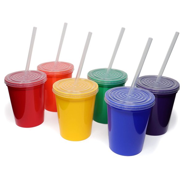 Rolling Sands 16 Oz. Reusable Plastic Stadium Cups with Lids, 6 Pack, USA Made Tumblers and Lids, Includes 6 Reusable Straws; Dishwasher Safe, Rainbow