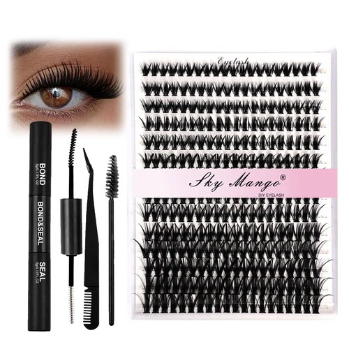 SKY MANGO Individual Lashes Kit 280pcs 50D Curl 8-16MM Clusters Eyelash Extension Kit with Lash Bond and Seal and Lash Tweezers and Lash Brush for Self Application(50D-0.07D-8-16MIX KIT)